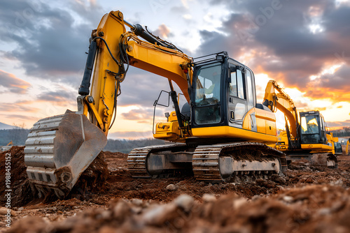 Two excavators move large piles of dirt at construction site during sunset