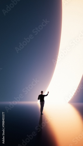 Foto Person approaching glowing curved portal in futuristic minimal space