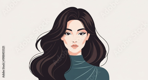 Portrait of a young woman with long dark flowing hair.