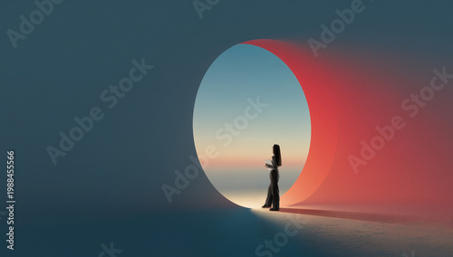 Woman standing near glowing oval portal in surreal digital landscape. Concept of futuristic interface spaces, digital environments, immersive UX exploration, and next generation visual storytelling.
