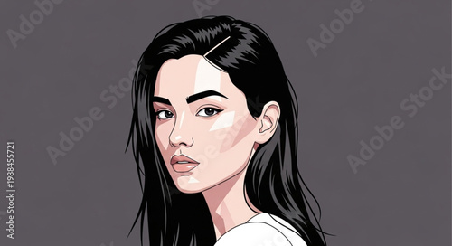 Portrait of a young woman with long dark hair and striking features.