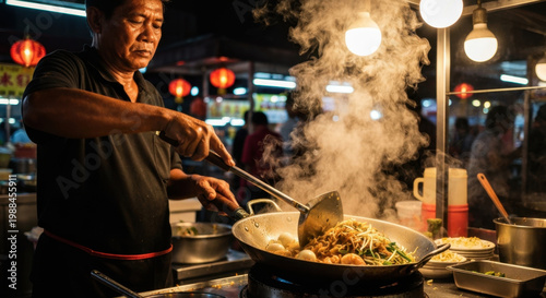 Experienced Malay hawker expertly stir-frying steaming Char Kway Teow at bustling Penang night market with motion blur