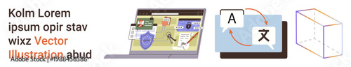 Cybersecurity, language services, education, technology concepts, multilingual communication, 3D modeling. Laptop with shield and data, tablet with language icons, 3D object illustration