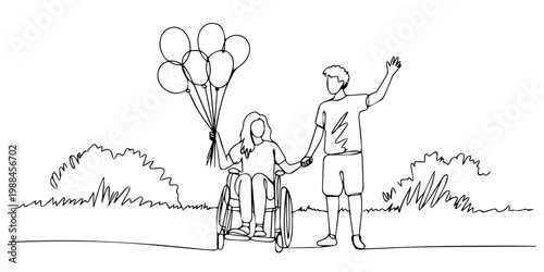 Continuous one line drawing of Happy disabled girl with balloons and healthy boy run outdoor, isolated on transparent background, continuous line drawing of happy children running with balloons on pro