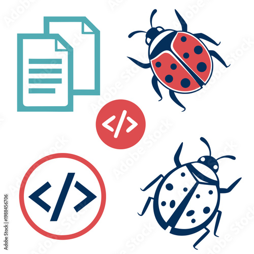 A vector graphic illustration of coding symbols and ladybugs representing software development and debugging