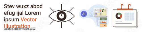 Artificial intelligence, data analysis, content management, automation, information technology, innovation. Eye icon, AI interface and calendar graphics. Artificial intelligence and data analysis