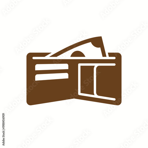 An illustration of a brown wallet with cash sticking out on a white background.