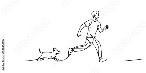 Man running with dog continuous line drawing vector illustration.one line  vector illustration  with out background, Man jogging with his pet dog .sport concept one line draw graphic design vector pro