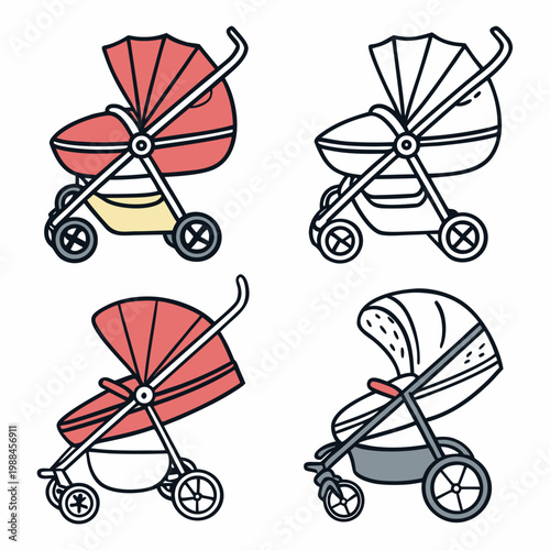 A set of colorful baby strollers in different designs and colors