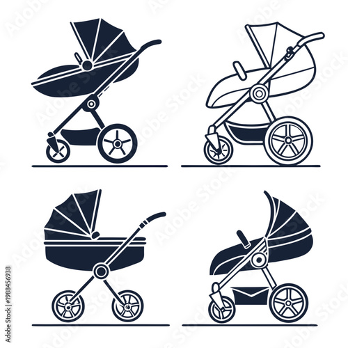 A set of four minimalist baby stroller illustrations in black and white