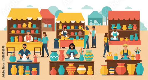 Pottery Market Scene with Artisans and Customers.
