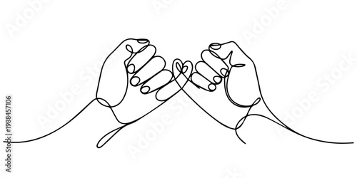 Continuous line drawing of two hands making a pinky promise gesture, symbolizing trust and friendship, two hands making a pinky swear promise with heart symbol. Editable stroke. Doodle hand drawn pro.