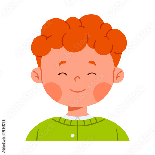 Cute happy redhead boy character smiling. Facial expression concept. Friendly child avatar with positive emotion. Isolated vector illustration in cartoon style