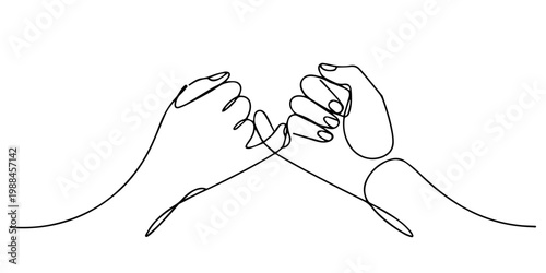 Continuous line drawing of two hands making a pinky promise gesture, symbolizing trust and friendship, two hands making a pinky swear promise with heart symbol. Editable stroke. Doodle hand drawn pro.
