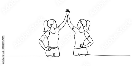  two women giving each other a high five one line drawing, Women working together in one continuous line Dynamic single line draw design vector illustration Editable stroke. two of young happy women.