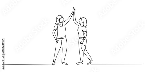  two women giving each other a high five one line drawing, Women working together in one continuous line Dynamic single line draw design vector illustration Editable stroke. two of young happy women.
