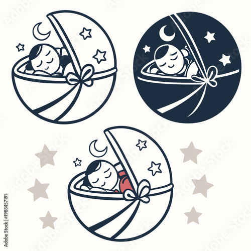 A vector graphic illustration of a baby sleeping peacefully in a cradle under the stars at night