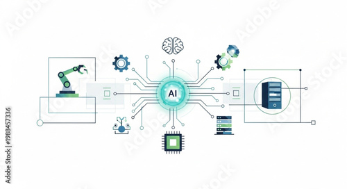 Artificial Intelligence Network Concept with Robotic Arm and Data Servers.