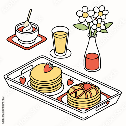 A colorful vector illustration of a breakfast tray with pancakes, syrup, and flowers