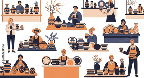 Pottery Market Scene with Diverse People and Ceramic Art.