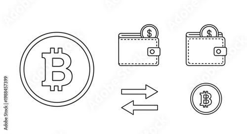 Bitcoin Cryptocurrency Digital Wallet Transaction Icons.