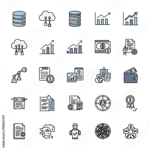 A modern, professional, and minimal icon set for business concepts, isolated and high in detail, showcasing various aspects of finance and industry on a clean vector graphic.