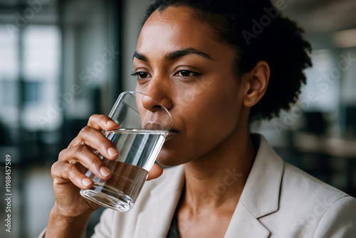 Closeup of a woman drinking water promoting hydration and healthy lifestyle habits in a modern office environment