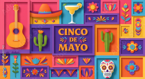 Happy cinco de mayo vibrant celebration with traditional mexican icons and festive decor