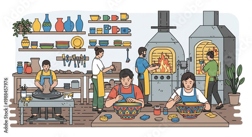 Pottery studio with artists working on clay and kilns.