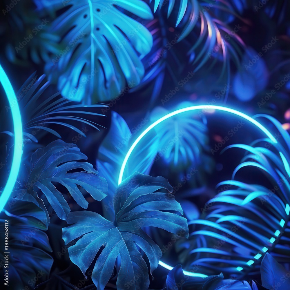 Naklejka premium Neon blue tropical leaves with glowing neon lights and futuristic design elements digital illustration modern art concept vibrant night scene