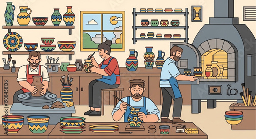 Pottery workshop with artisans crafting ceramics near a kiln.