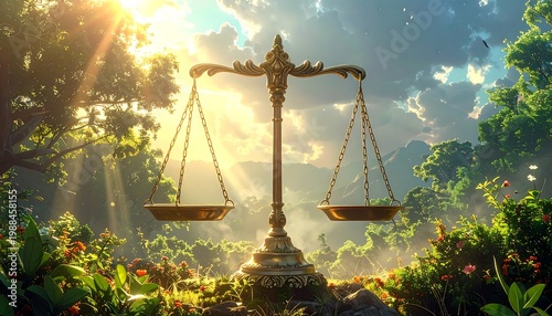 Golden scales of balance, illuminated by sunlight amidst a vibrant forest with flourishing foliage and distant mountains