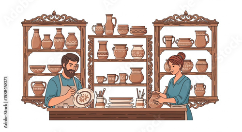 Pottery workshop with artisans creating ceramic art.
