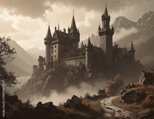 Majestic, ancient castle perched atop a misty, mountainous landscape