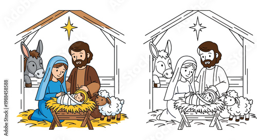 Nativity Scene Vector Illustration with Mary, Joseph, Baby Jesus, Manger and Animals - Colored and Line Art Coloring Page Version