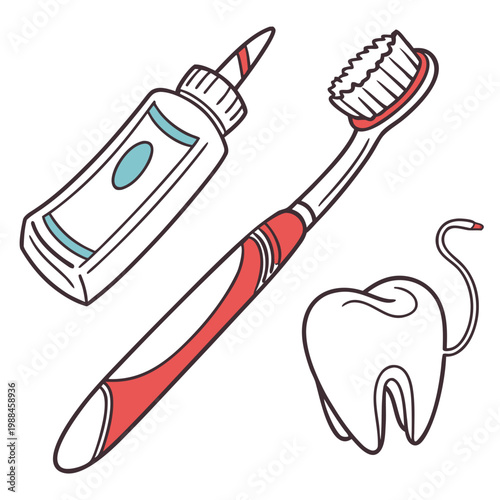 A vector graphic illustration of a toothbrush, toothpaste, and tooth for dental hygiene