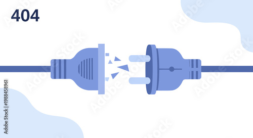 Conceptual illustration depicting a 404 page not found error with a disconnected power plug, symbolizing internet problems and website failure