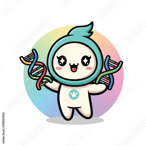 Adorable cartoon character holding DNA strands with a cheerful expression.