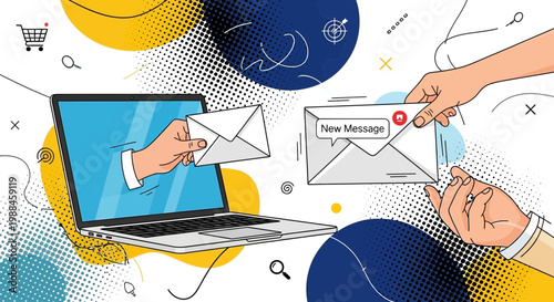 Dynamic digital communication concept featuring hands exchanging email envelopes, symbolizing online messaging, global interaction, and internet correspondence