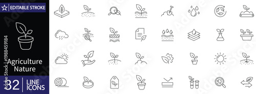 Agriculture and nature icons set. Includes symbols of farming, crops, plants, tractor, leaves, and natural environment. Editable stroke. Vector illustration. Outline icons.