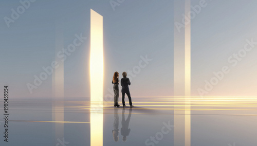 Two people observing vertical glowing light pillars in immersive reflective space. Concept of digital installations, interactive environments, and futuristic exhibition design systems.