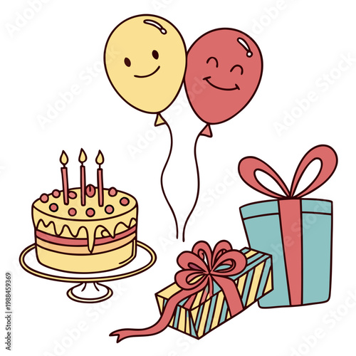 A colorful illustration of a birthday celebration with cake and gifts