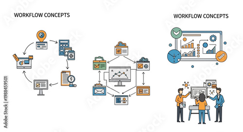 Comprehensive illustrations depicting modern digital workflow concepts, business process automation, data management, and collaborative team project organization