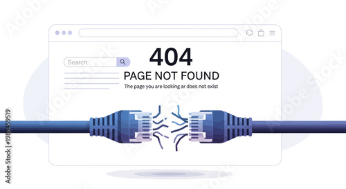 Website 404 error and broken internet connection cables symbolizing lost network access or unavailable content online, depicting a digital communication problem