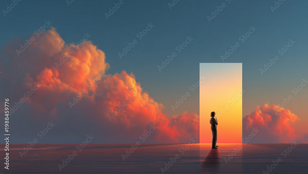 Obraz premium Woman standing near glowing rectangular portal against dramatic sunset sky. Concept of opportunity, transformation, future landscapes, surreal environments and personal decision making moments.