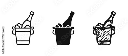 Champagne Bottle in Ice Bucket Icon Set for Celebration and Luxury