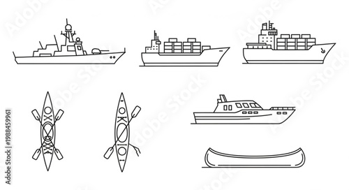 Collection of Various Watercraft Silhouettes and Line Drawings.