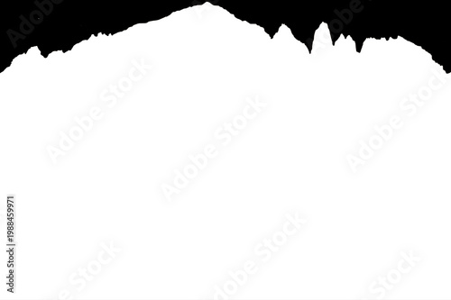 White Torres del Paine Mountain profile on black background, minimalist mountain skyline, 2D high contrast silhouette