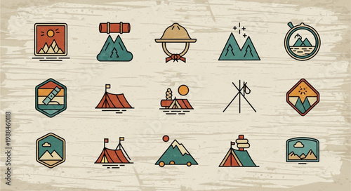 Collection of outdoor adventure and camping icons.