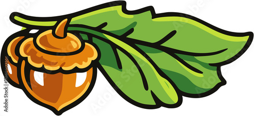 Glossy Acorn with Verdant Oak Foliage Illustrated Emblem on Transparent Backdrop